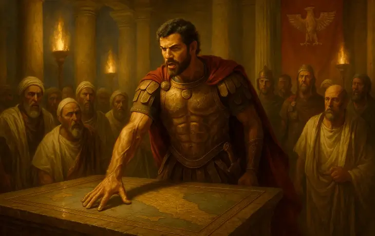 Hannibal’ın Kartaca meclisinde bir harita üzerinde strateji anlatırken kararlı duruşuyla dikkat çektiği sahne.